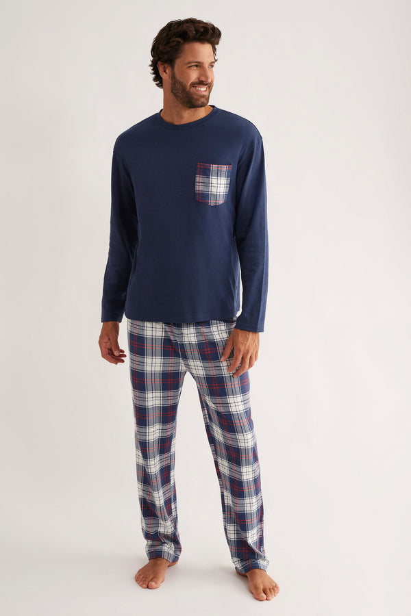 Promise pyjamaset blauw met geruite broek