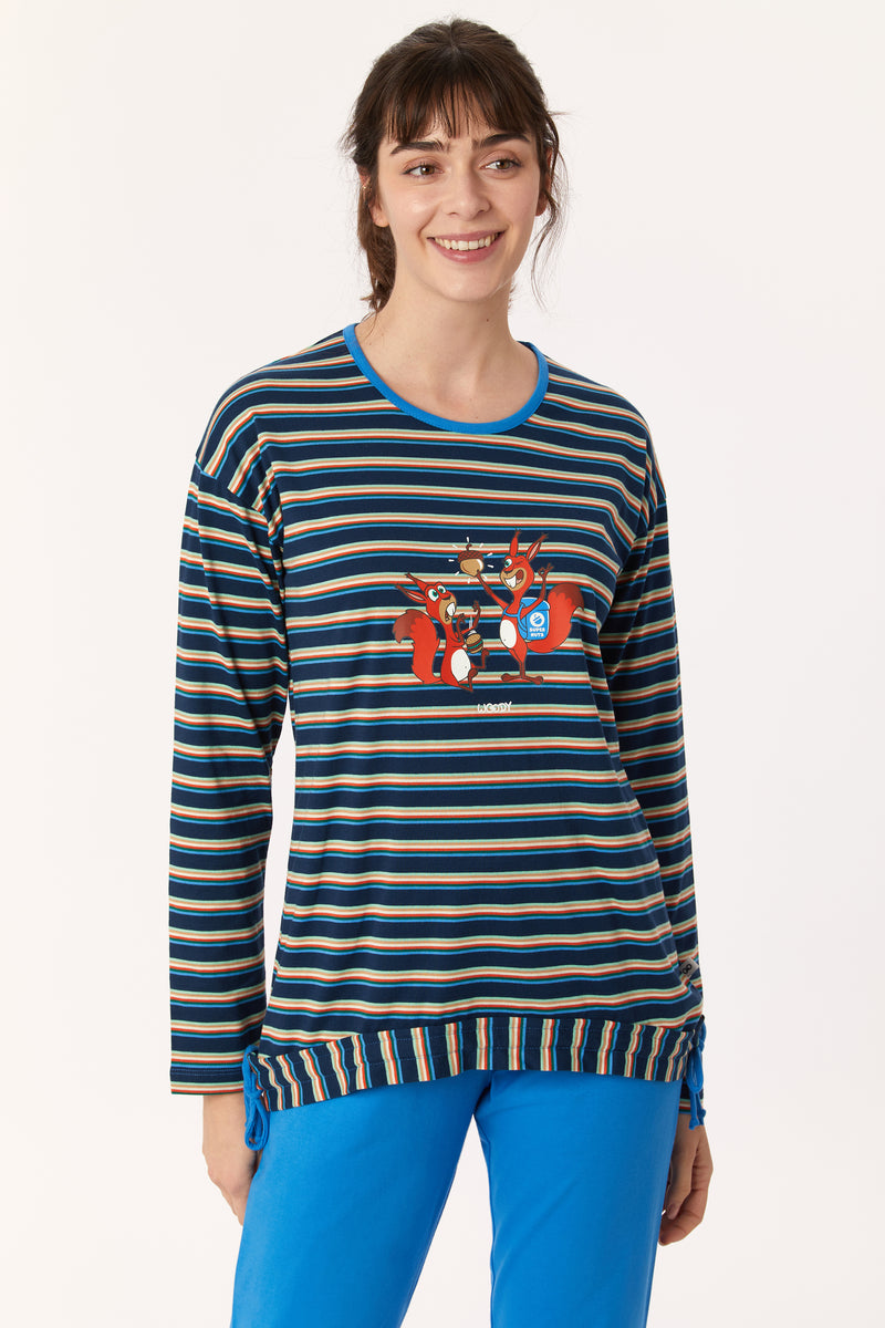 Woody pyjamaset blauw stripe eekhoorn dames