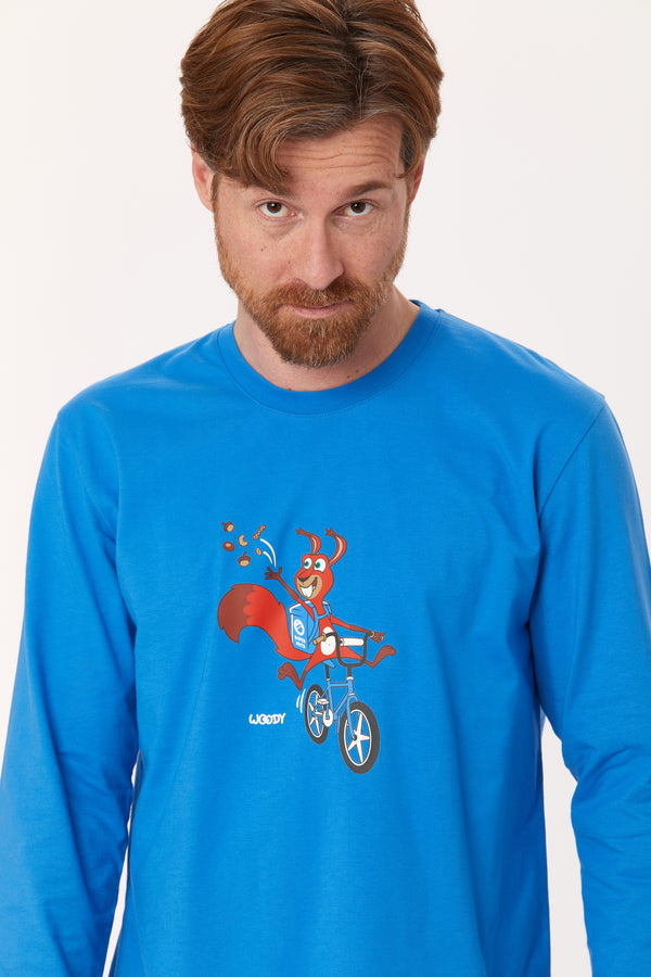 Woody pyjamaset heren blauwe blouse met eekhoorn fietsen